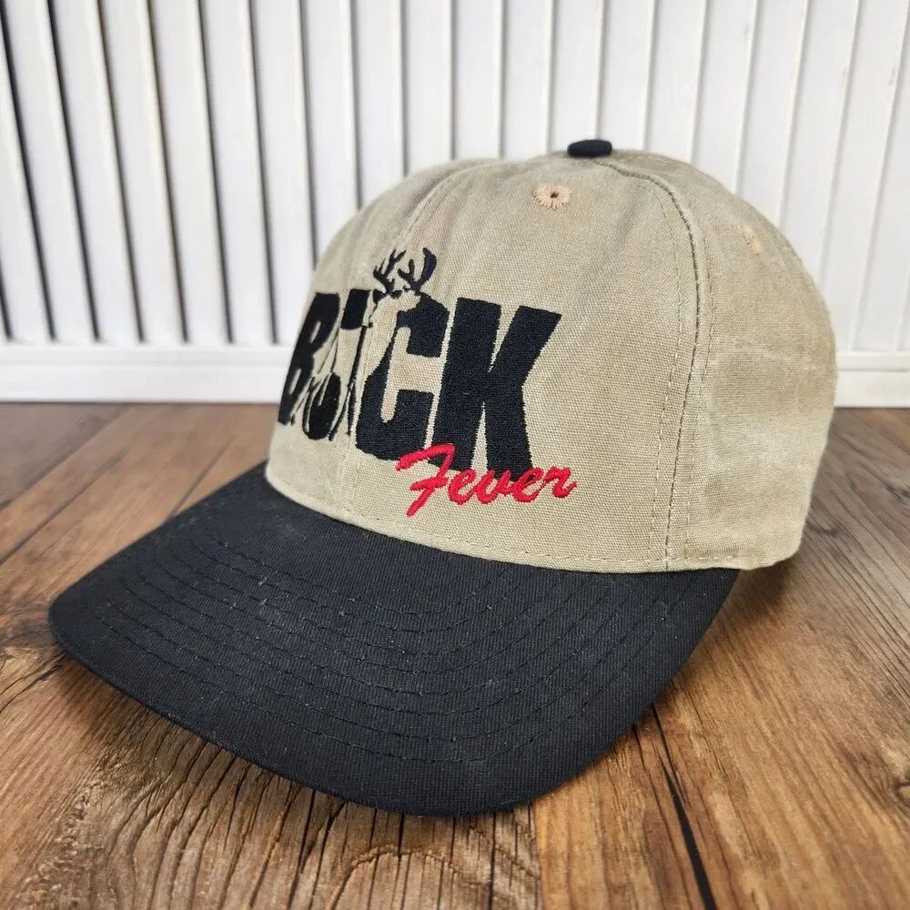 VTG Buck Fever Deer Hunting Snapback Hat Made in USA Tan Black 90s Outdoors Cap
